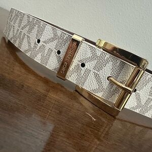 Michael Kors Reversible Logo Belt Vanilla MK Monogram Gold Buckle